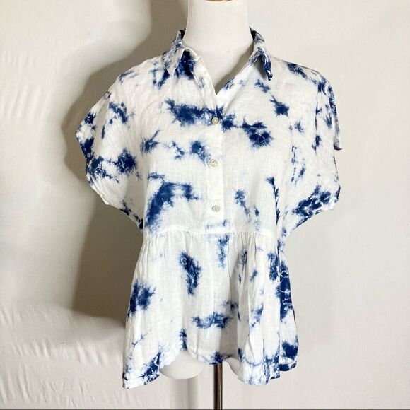Rachel Zoe White Blue Tie Dye Linen Short Sleeve Top Small NWT Peplum - Picture 1 of 7